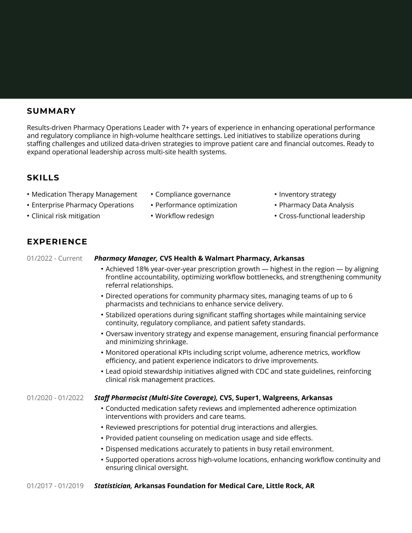 Sample résumé: Pharmacy Operations Leader